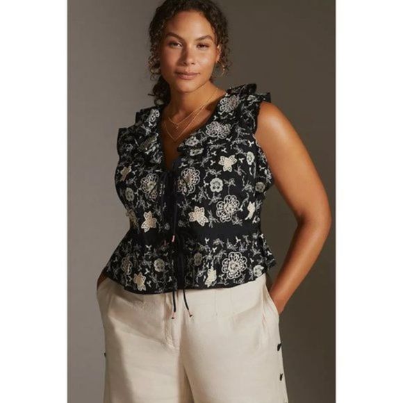 Stunning Anthropologie Ruffled Embroidered Button Up Sleeveless Crop Top Black M - Picture 3 of 11